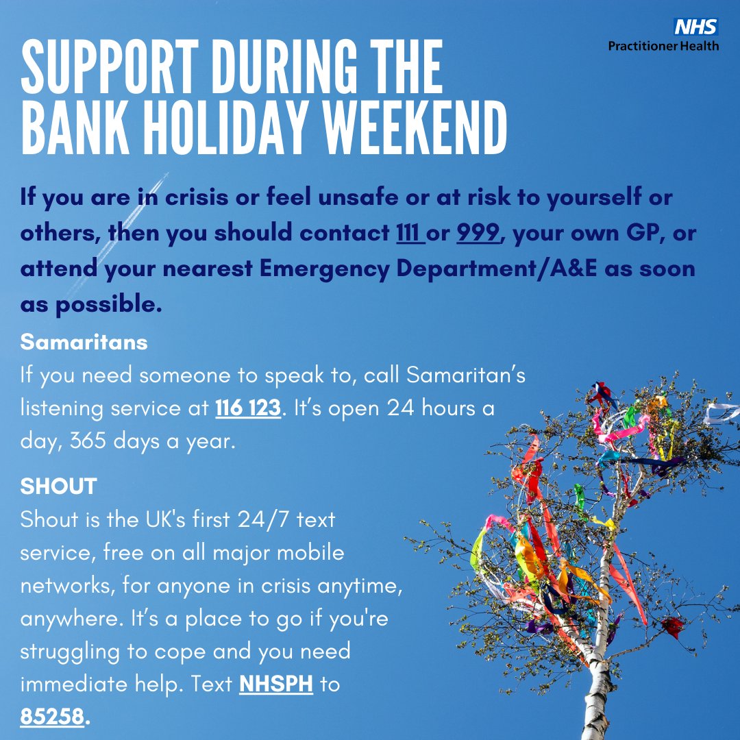 Happy Bank Holiday Weekend! We are closed on Monday 6th May- if you are in a crisis or feel unsafe or at risk to yourself or others, call 999 or 111, your own GP, or attend your nearest A&E as soon as possible. #NHSPractitionerHealth