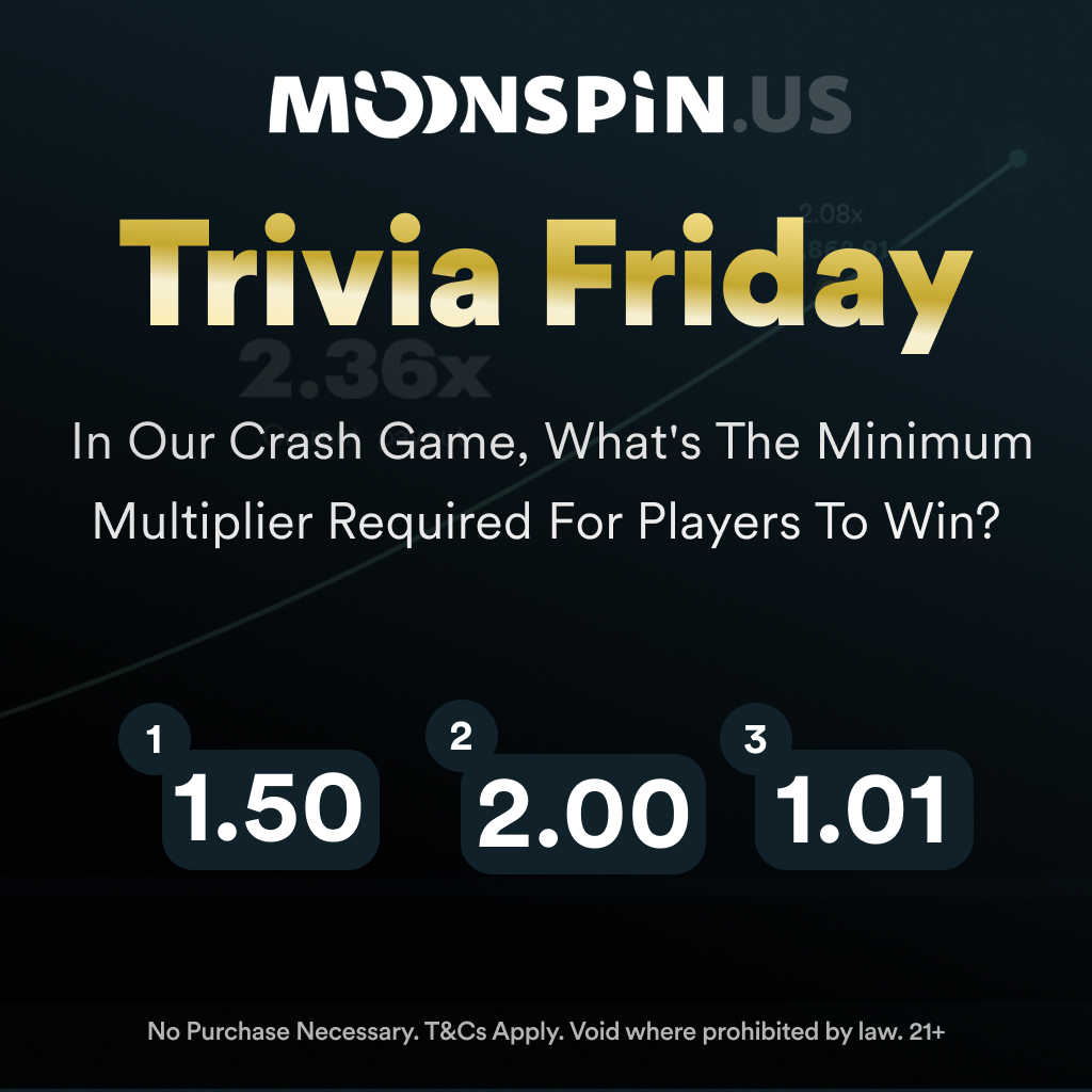 🎉 Prepare for an exhilarating Trivia Friday showdown! 🎉

Give this question a shot and see how you fare! 🤔

In our Crash game, what's the minimum multiplier required for players to win?

#Moonspin #BetAndWin #CrashGame #SweepstakeCasino #SocialCasino #FreeToPlay