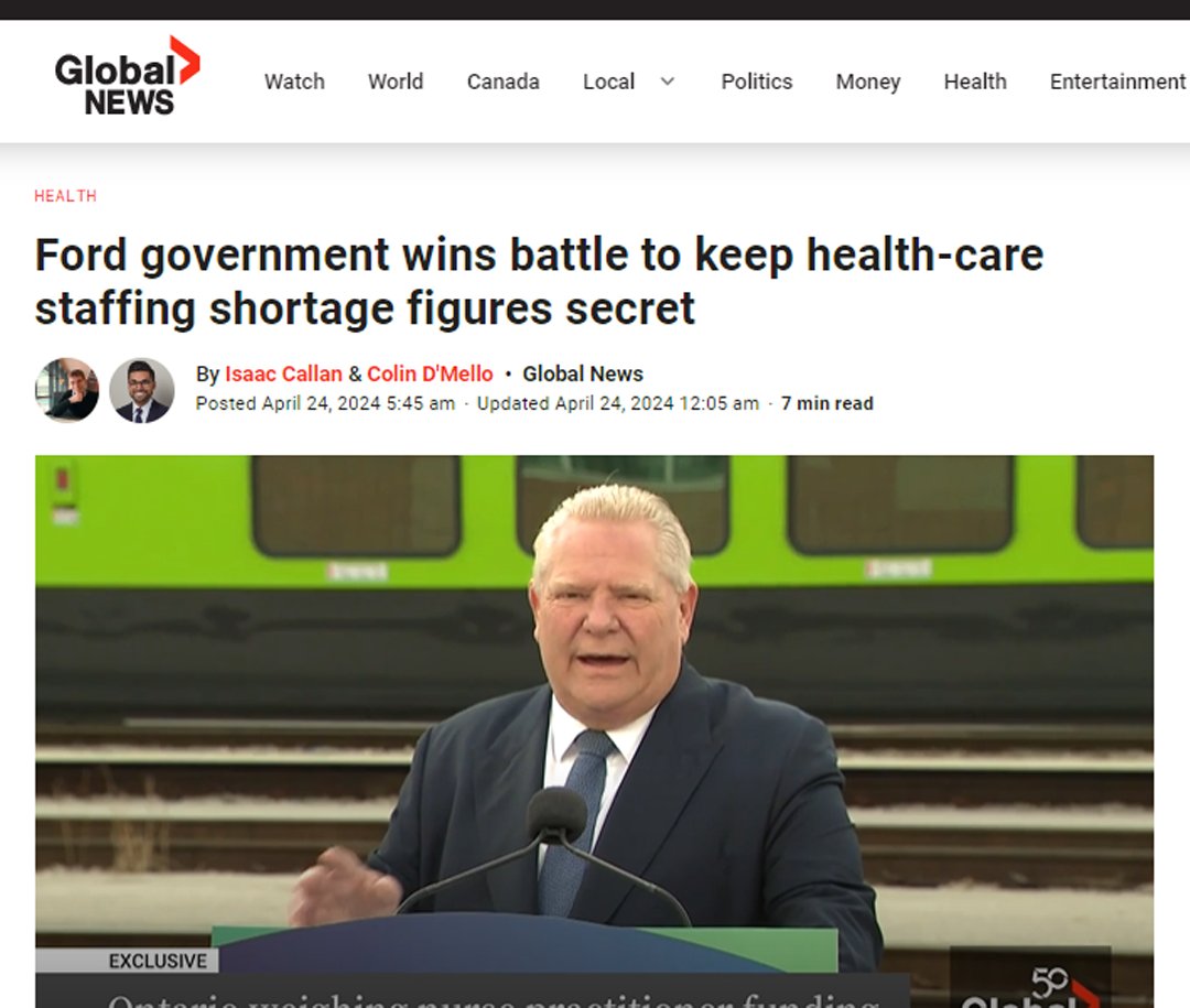 ontarionurses's tweet photo. For 1.5 years, @globalnews reporters have fought the @Fordnation conservative government to release information on shortages of nurses, PSWs, and doctors in the province. What is Ford trying to hide? 
Full story (no paywall): https://t.co/BHsDDbvxUW
#ONpoli #ONhealth #ONlab https://t.co/DeWO2AVRqG