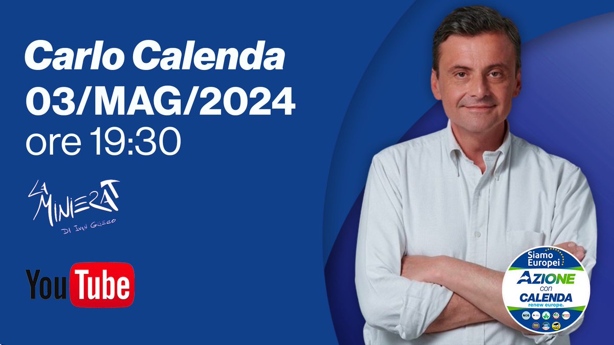 Questa sera, a partire dalle ore 19.30, @CarloCalenda sarà ospite di @InfoMiniera con @Ivan_Grieco, in diretta su YouTube. Clicca il link per seguire la diretta: youtube.com/live/1qbp-INgv… Entra in #Azione, #SiamoEuropei: azione.it/registrati/