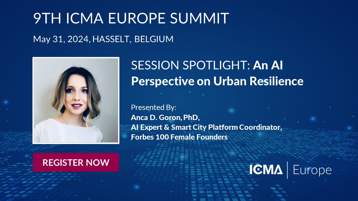 Join the 9th ICMA Europe Summit! @research_ava founder Anca Goron, Ph.D., explores AI perspectives on urban resilience. Gain insights from her AI advisory expertise in conceptualizing & implementing AI solutions. Register today! bit.ly/3xA4yGJ