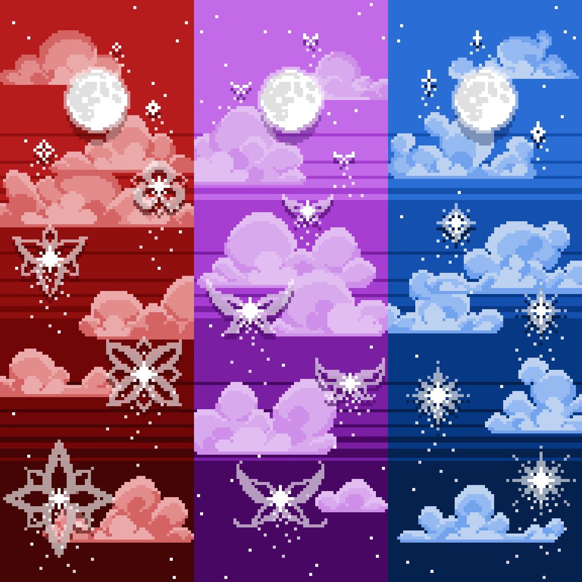 Tada! My three bookmark designs next to each other! Which one is your favorite? >:3

#art #pixelart #aseprite #cuteart #magicart #cutepixelart #bookmark #bookmarkart #artprint #kawaiiart #kawaiidrawing #witchy #stars #pixelartwork #nightskyart #bookaccessories #starart #skyart