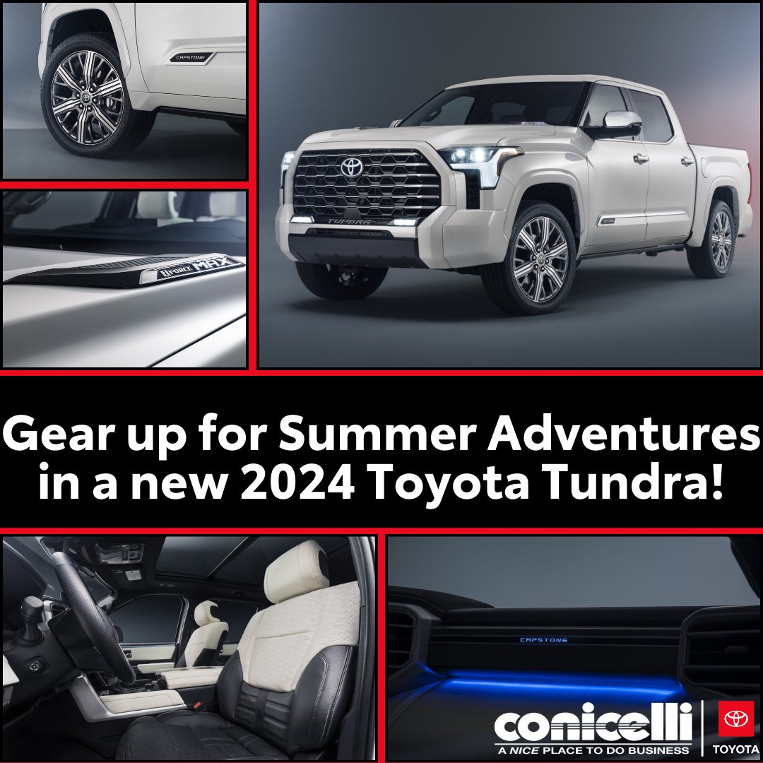 🌞☀️ Conicelli Toyota of Conshohocken has the ultimate addition to your warm weather plans: the new 2024 Toyota Tundra models! 🚀 Embrace the sunshine with unmatched power and style. Hurry in to fuel your summer escapades today! #ToyotaTundra #ConicelliToyota🔥🌿