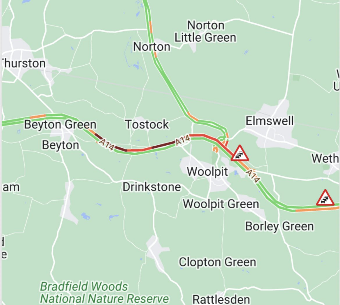 #A14 eastbound - queueing traffic between J46 (Thurston) and J47 (Woolpit) - approaching the ROADWORKS contraflow - long delays heading towards Stowmarket