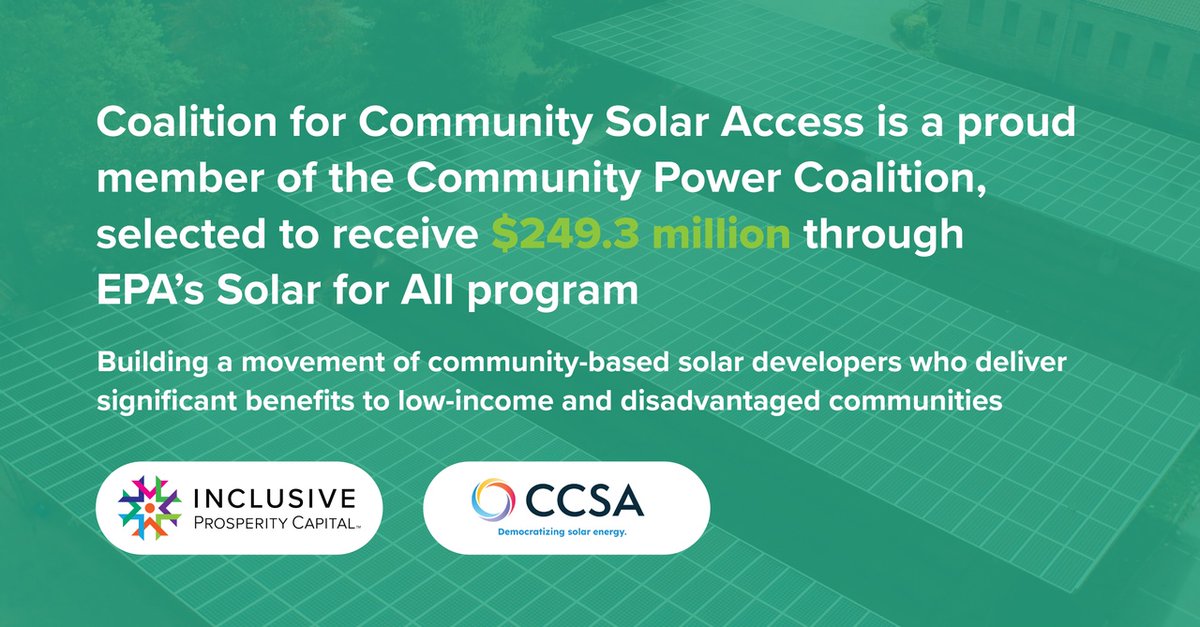 Last week, the @EPA announced that @InclusiveProsp and the #CommunityPowerCoalition were selected for a $249.3 million award from Solar for All for the “Powering America Together” program. 👏 We look forward to continuing our goal of democratizing solar energy access.