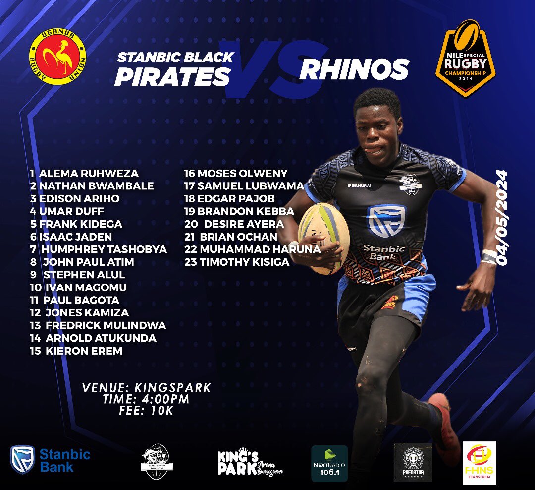 How we like up for the 2nd leg of the Quarterfinals 🏴‍☠️ ▪️ 2 changes from last week’s starting 15. ▪️ Kebba and Ochan start off the bench. ▪️ Dj Fuufu back from the decks ▪️Mr Safe hands completes the 23 #NSRC2024 #NileSpecialRugby #StanbicPirates #PiratesStrong