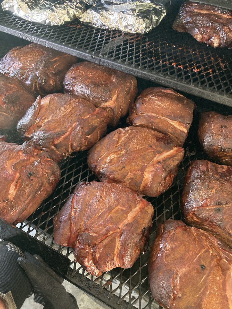 Last pics of brisket, wrapped but the butts are coming along.