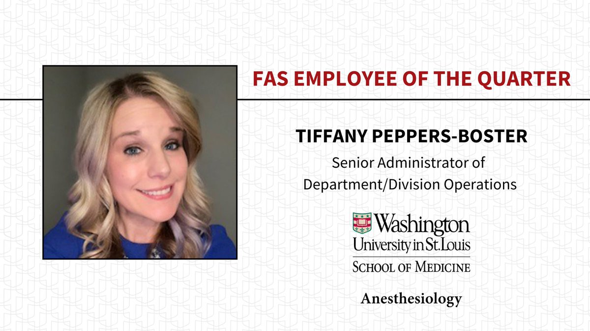 Congratulations to our Senior Administrator of Department/Division Operations, Tiffany Peppers-Boster, on being named the Financial and Administrative Services Employee of the Quarter ⭐ We're so lucky to have you on our team! anesthesiology.wustl.edu/fas-eotq/