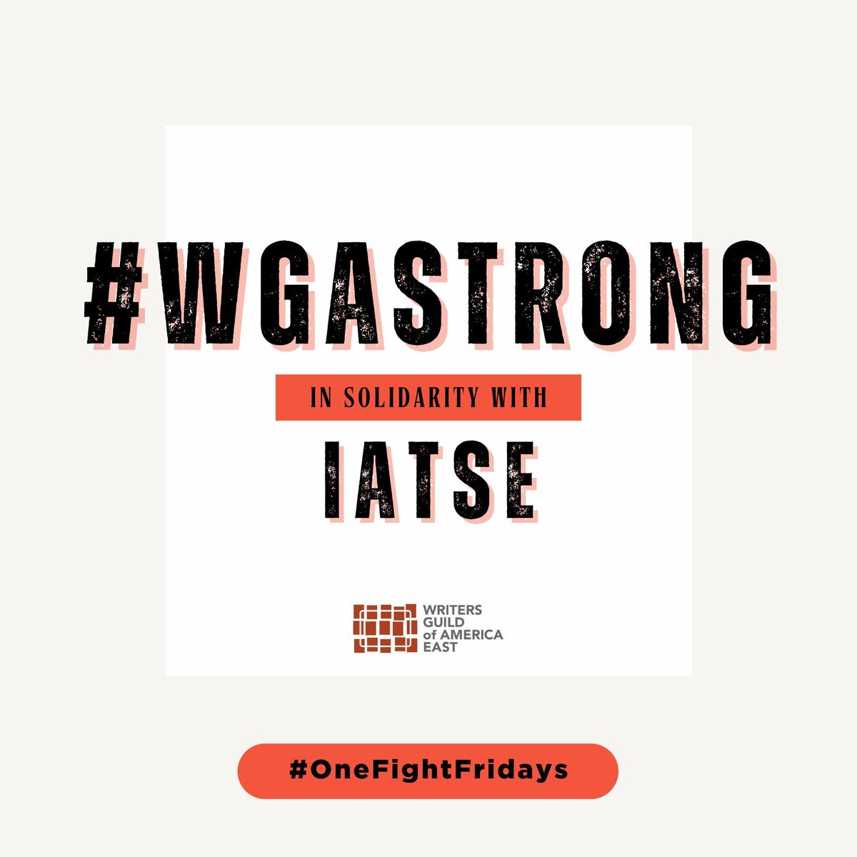 The WGA supports our union siblings in @IATSE, who are currently negotiating with the AMPTP on issues like wage increases, pension and health contributions, AI, and more. Show your support by wearing union swag on #OneFightFridays! ✊ #1u #WGAstrong #IASolidarity