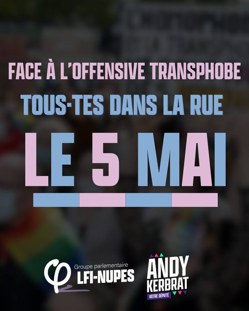 Soyons nombreux•ses à manifester ce dimanche 5 mai contre l’offensive transphobe qui sévit. Cette haine propagée par la droite et l’extrême droite n’a pas sa place en France. 

📍RDV à Nantes, à la Grue Jaune à 14h. 🏳️‍⚧️