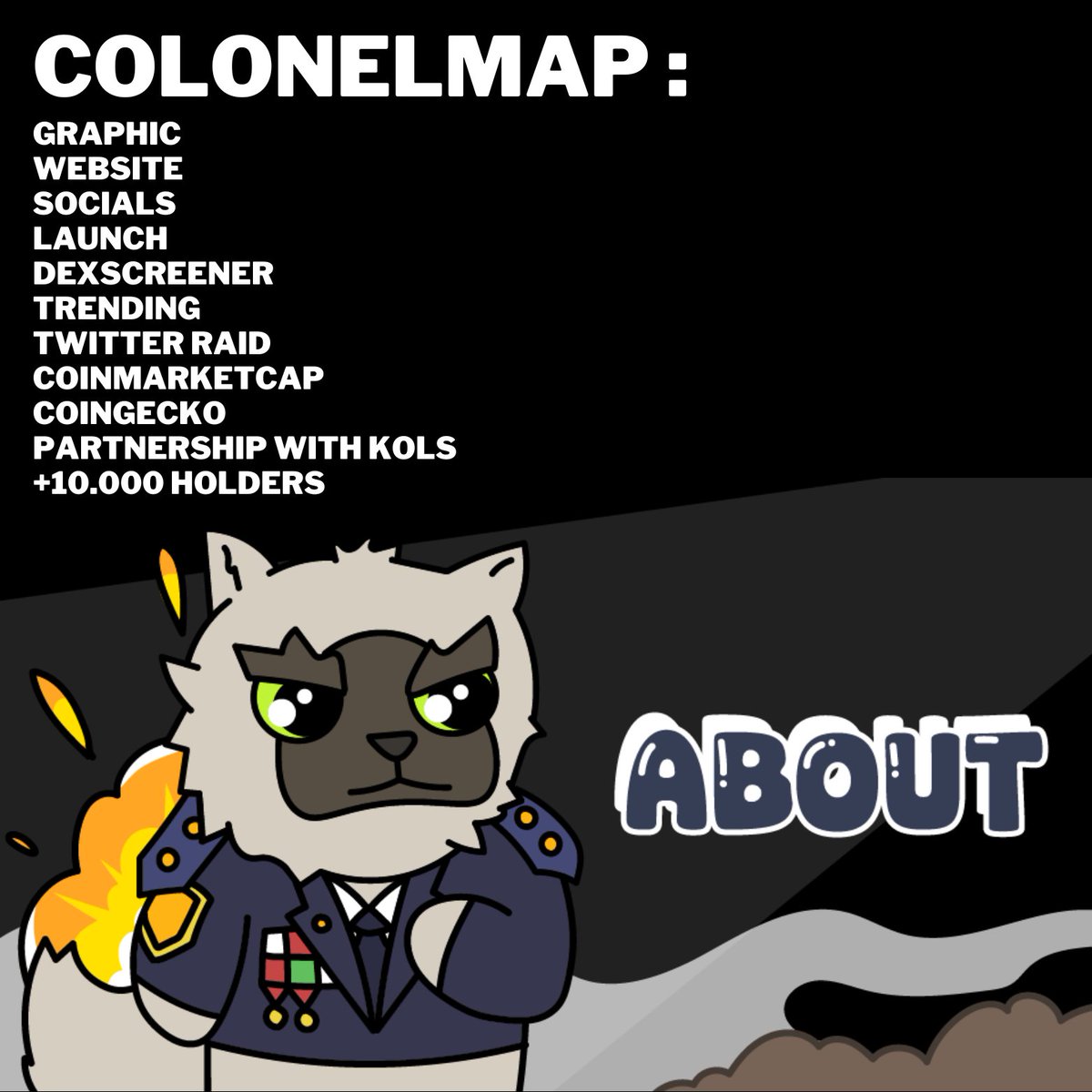 ColonelMeowCoin's tweet photo. COLONELMAP :
Graphic
Website
Socials
Launch
Dexscreener
Trending
Twitter Raid
Coinmarketcap
Coingecko
Partnership with KOLS
+10.000 Holders
Telegram: https://t.co/LC7UZBo9xF
Website: https://t.co/jJxDALKrC4
Twitter:@ColonelMeowCoin
#Meow #solana #ColonelMeow #Catcoin https://t.co/cTbINCEm8D