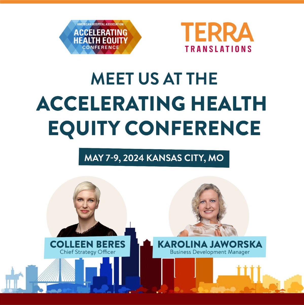 📌 We're heading to Kansas City for the 2024 Accelerating #HealthEquity Conference!

May 7-9, Colleen Beres and Karolina Jaworska will represent Terra at this three-day event that will convene more than 1,000 health professionals.

We hope to see you there!

#HealthEquityConf