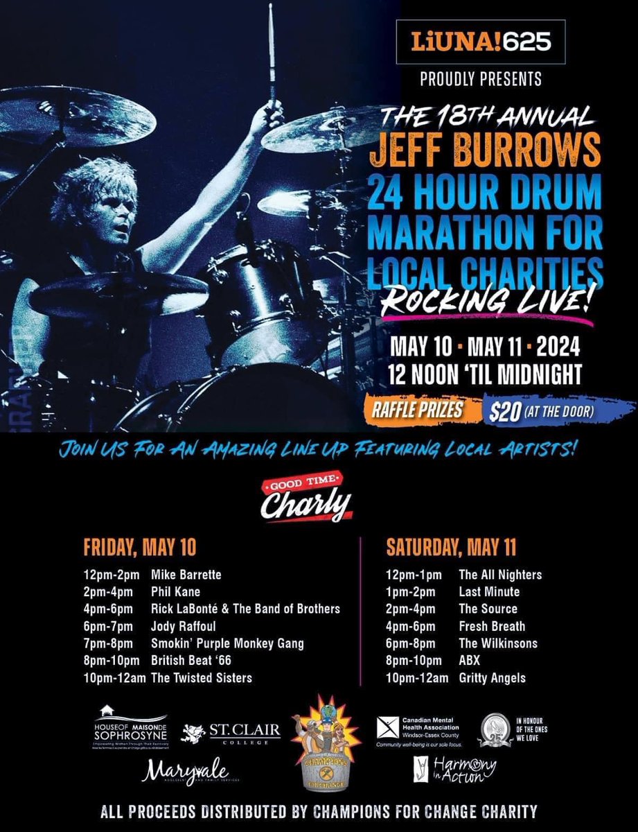 One week away from the @liuna625 presents @burrowsdrums 18th annual Drum Marathon for Mental Health. May 10 & 11 at Good Time Charly. 12pm-12am daily. Check out the line-up of local musicians & some great prizes to be won too! Supporting 6 great local charities. See you there!