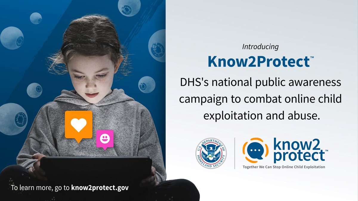 The DHS @Know2Protect campaign is part of our effort to combat the immoral, heinous, and globally pervasive crime of online child sexual exploitation and abuse. Join us in protecting our future generations now with resources, trainings, & more. ⬇️ Know2Protect.gov