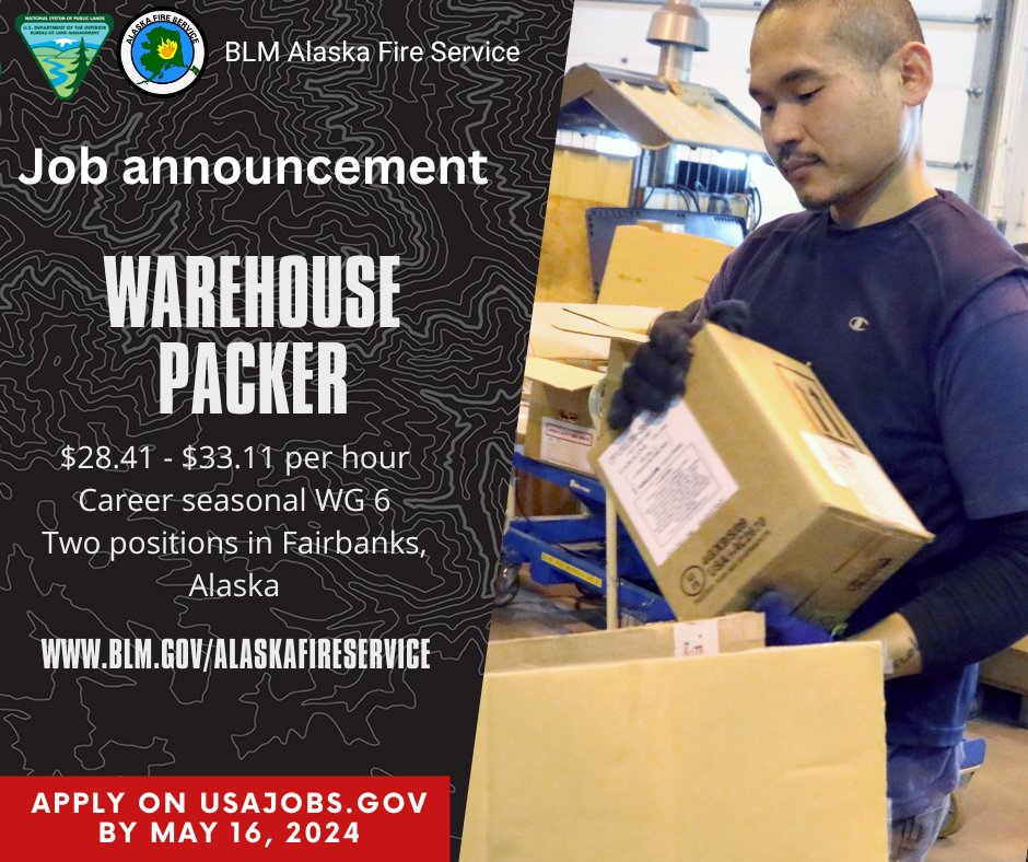 🔥📦 Join Our Team as a Warehouse Packer! 📦🔥 We're looking for two dedicated individuals to join our team as Warehouse Packers at the BLM AFS Cache in Fairbanks, AK. 💵$28.41 - $33.11 hr 🗓two full time, career seasonal positions 📝 Apply by 5/16 👉 usajobs.gov/job/789547400