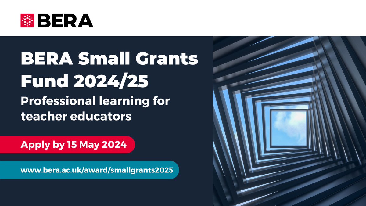 📢 Funding opportunity! BERA Small Grants Fund 2024/2025 For this year’s awards, BERA wishes to fund research focusing on the professional learning for teacher educators Deadline: 15 May 2024 Find out more and apply: bera.ac.uk/award/smallgra…