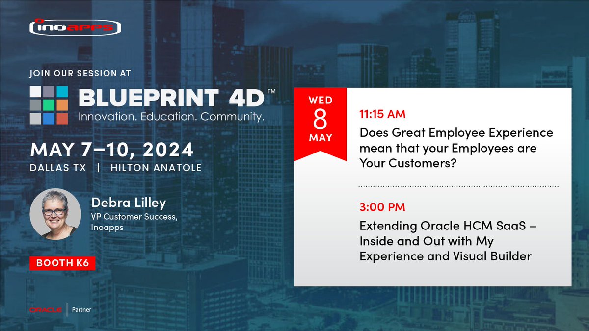 Hey #BLUEPRINT4D attendees! Don't miss @DebraLilley's sessions next week. Swing by booth K6 to chat with the Inoapps team about maximizing your Oracle investment. See you there! #OracleJourney #oraclecloud #jdedwards #ebs
