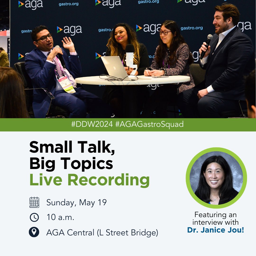 Live from #DDW2024, it’s #SmallTalkBigTopics! 🎙️

Don’t miss the chance to be in the audience for a live recording! Hosts Drs. @MJWhitsonMD & @CSTseMD will be joined by Dr. Janice Jou.

🗓️ May 19, 10 a.m.
📍 AGA Central (L Street Bridge)

Sign up: ow.ly/sAxy50RvINX