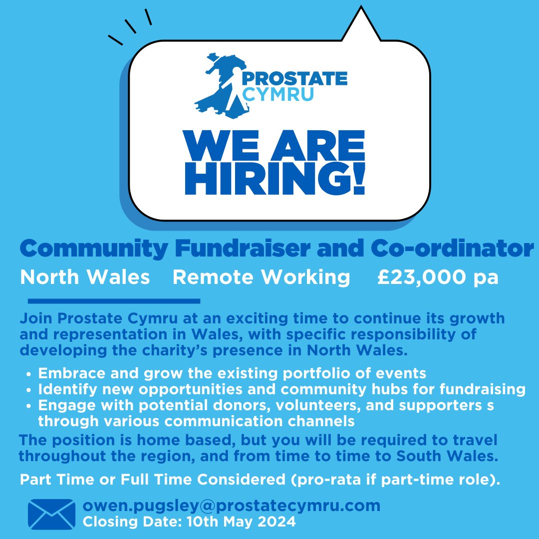📢We are hiring! Community Fundraiser and Co-Ordinator 🏴󠁧󠁢󠁷󠁬󠁳󠁿North Wales based position 💵£23k pa if Full Time Deadline: 🗓️10th May Find out more here ⬇️ linkedin.com/jobs/view/3904… Join us and help #savethemalesinwales🏴󠁧󠁢󠁷󠁬󠁳󠁿💙