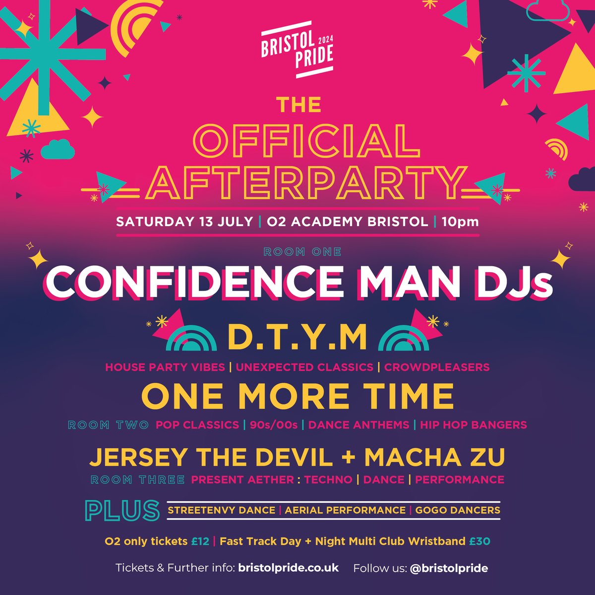 The incredible @bristolpride afterparty takes over #O2AcademyBristol on Sat 13 Jul, featuring three incredible rooms of top international talent, including headliner @confidencemanTM Get your Priority Tickets now, with general sale from 5pm Sun 5 May 👉 amg-venues.com/z7RV50RvP2f
