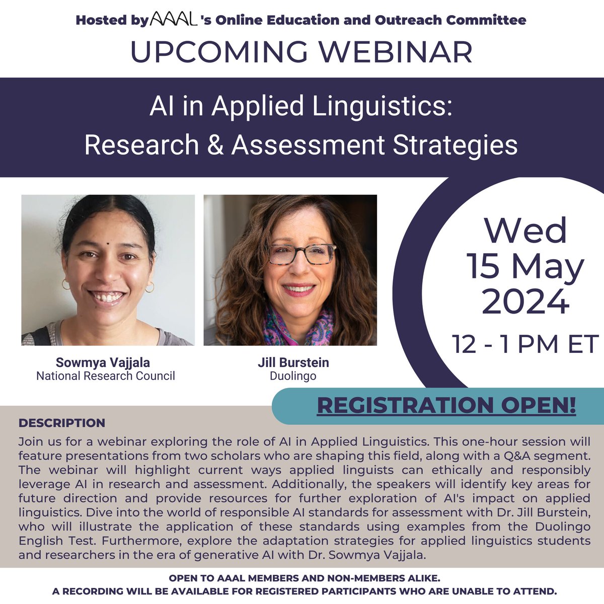 Join our webinar on 15 May 2024, 12-1 PM ET. Learn from Dr. Jill Burstein &amp; Dr. Sowmya Vajjala about using AI responsibly in research and assessment. Gain insights on AI standards and strategies for linguistics. Register now: ow.ly/AoxA50RvQT6
