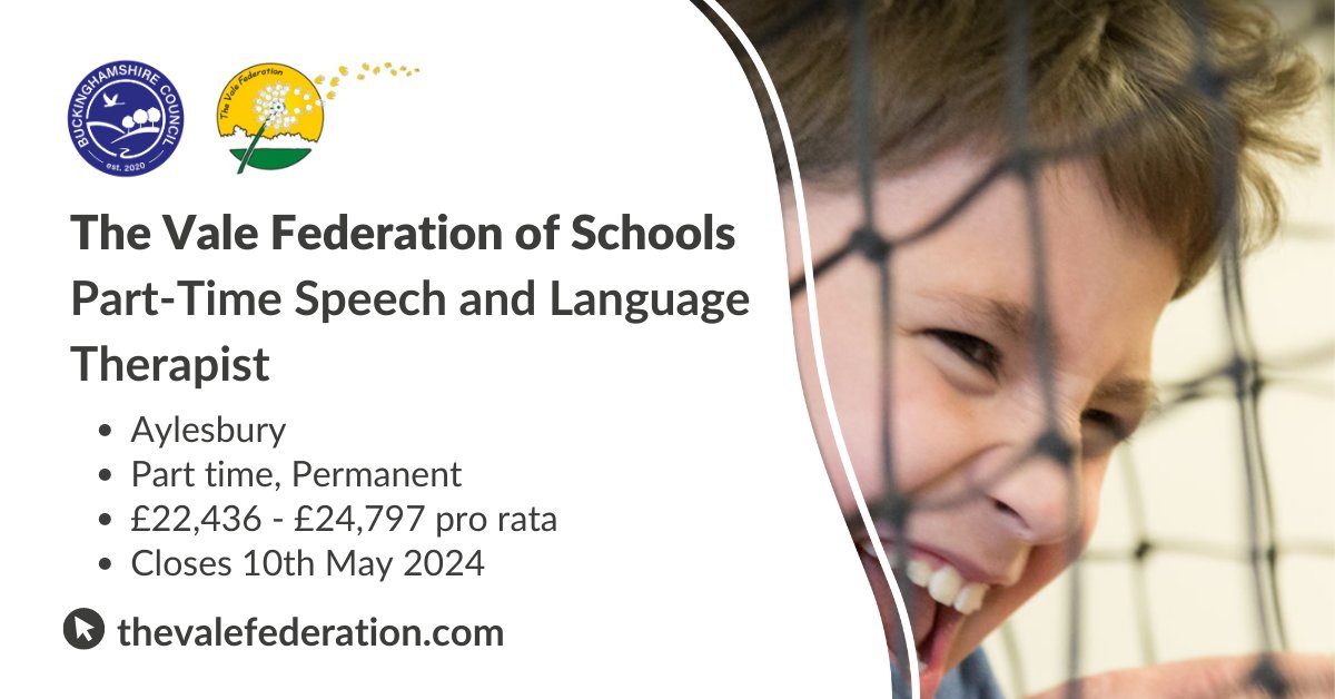 The Vale Federation of Schools seek to appoint a part-time Speech and Language Therapist. Do you have evidence of specialist knowledge, skills, and experience in relevant clinical areas? Apply: ow.ly/1M1p50RvRO2 

#Speech #LanguageTherapist #JobsinSchools