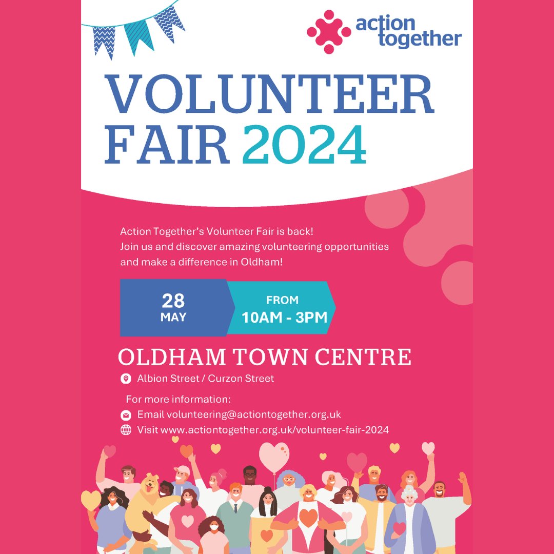 Join us and @WeActTogether at their Volunteer Fair happening on the 28th May in Oldham Town Centre! There will be lots of amazing opportunities to discover! 💜❤️