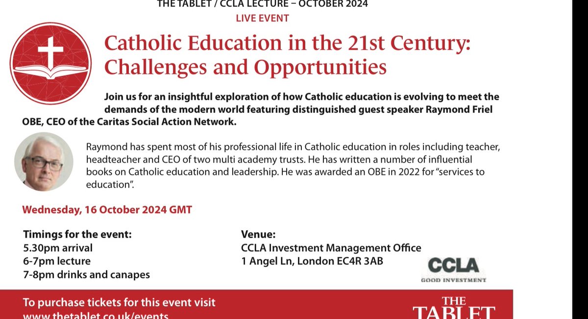A real honour to be delivering the @The_Tablet / CCLA lecture this year on Catholic Education in the 21st Century: challenges and opportunities. Save the date, join us in London on Wed 16 October. @CathEdService @ATCRE_EW @CSANonline @CATHOLIC_NETWK @CatholicUnionGB