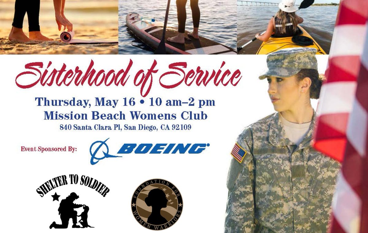 Join us May 16th with Shelter to Soldier for a day of sisterhood at the Mission Beach Women’s Club.

Come for complimentary yoga, an inspirational guest speaker, and an option to paddle board or kayak.

Spots are limited: foundationforwomenwarriors.org/event/sisterho…

#womenveterans #honorherservice