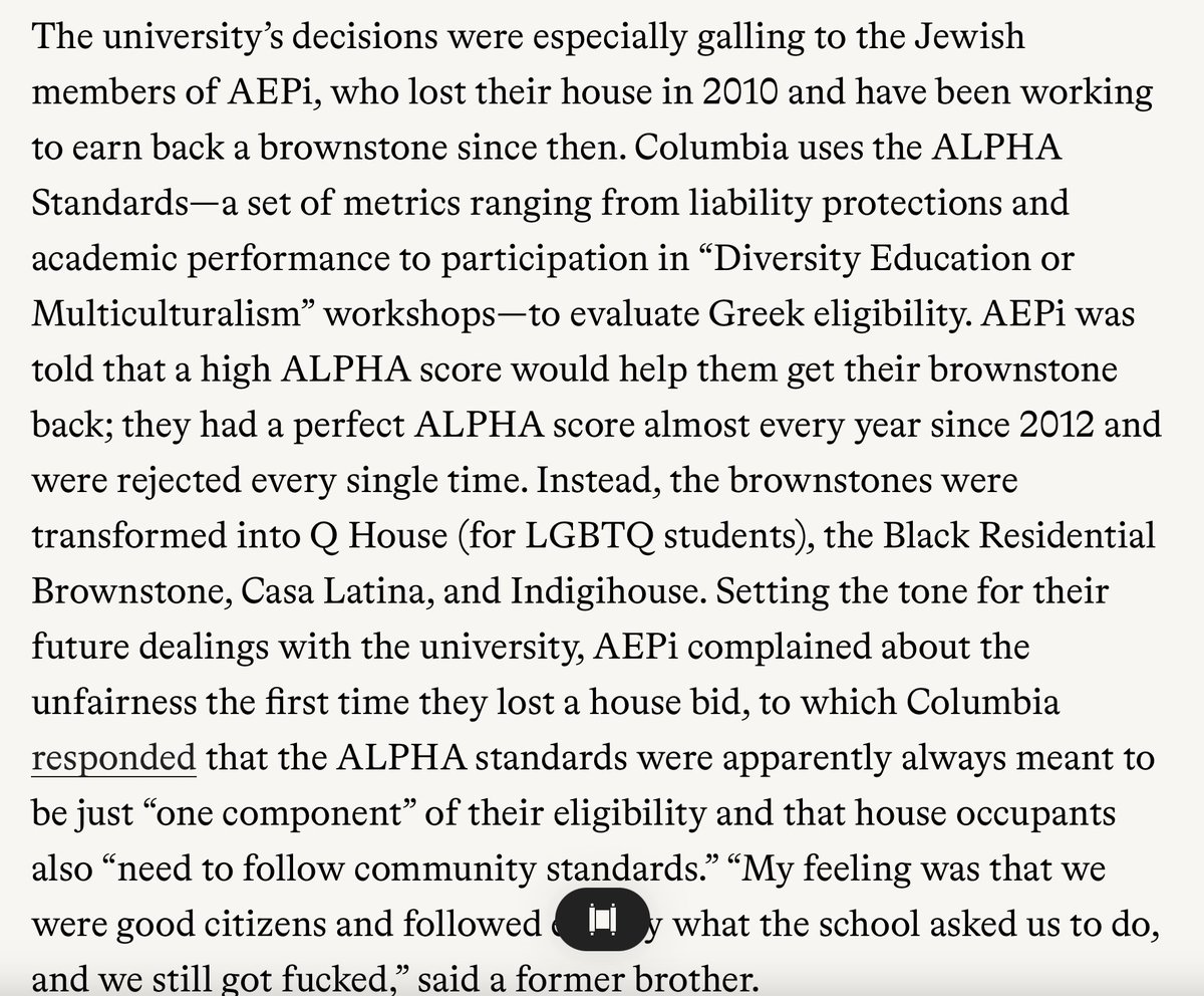 Incredible. Columbia U stole the house of the Jewish fraternity+told them it would return it if the brothers took diversity lessons. They got a perfect score on the lessons, yet the university passed them over in favor of creating racially segregated housing for 'indigenous.'