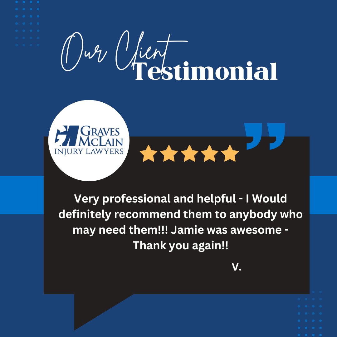 Thank you for the glowing 5 stars and kind words. We are so happy to hear about your positive experience! #clienttestimonial #fivestars #kindwords #injurylawyers #recommendations