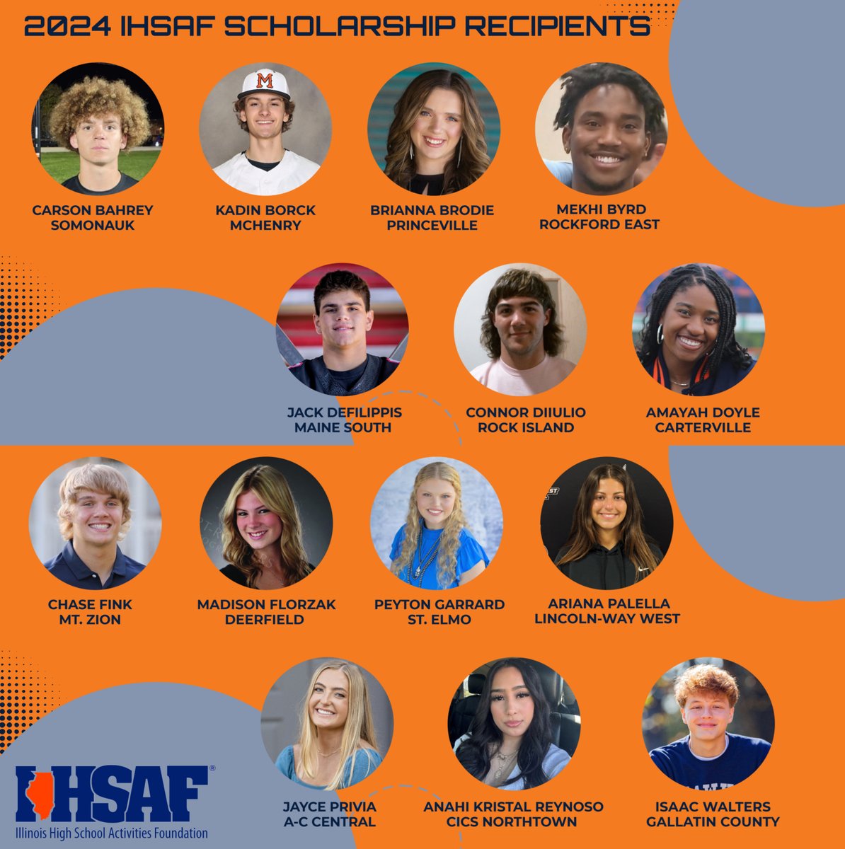 The Illinois High School Activities Foundation (IHSAF) is proud to announce its 2024 Scholarship Winners! The 14 seniors from #IHSA schools are currently @IHSAOfficials or plan to become teachers or coaches in the future. 🔗IHSAF Scholarship Program▶️ihsa.org/News-Media/Ann…