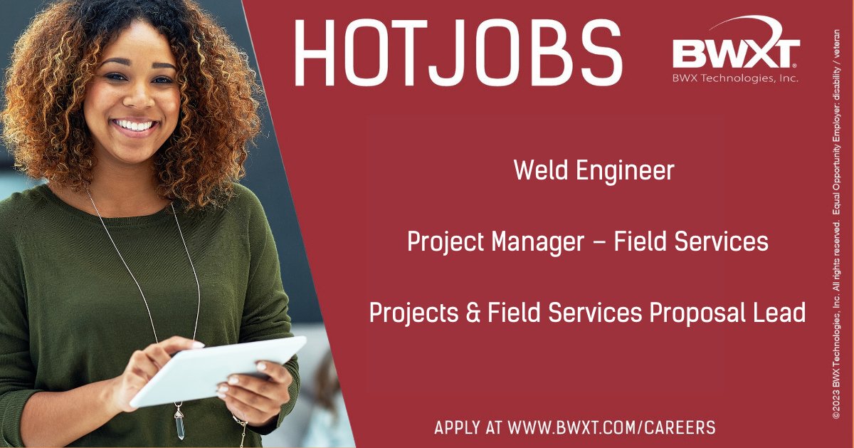 We have some new #jobopportunities in Ontario, Canada you may be interested in below! Weld Engineer: careers.bwxt.com/job-invite/499… Project Manager – Field Services: careers.bwxt.com/job-invite/507… Projects & Field Services Proposal Lead: careers.bwxt.com/job-invite/507…
