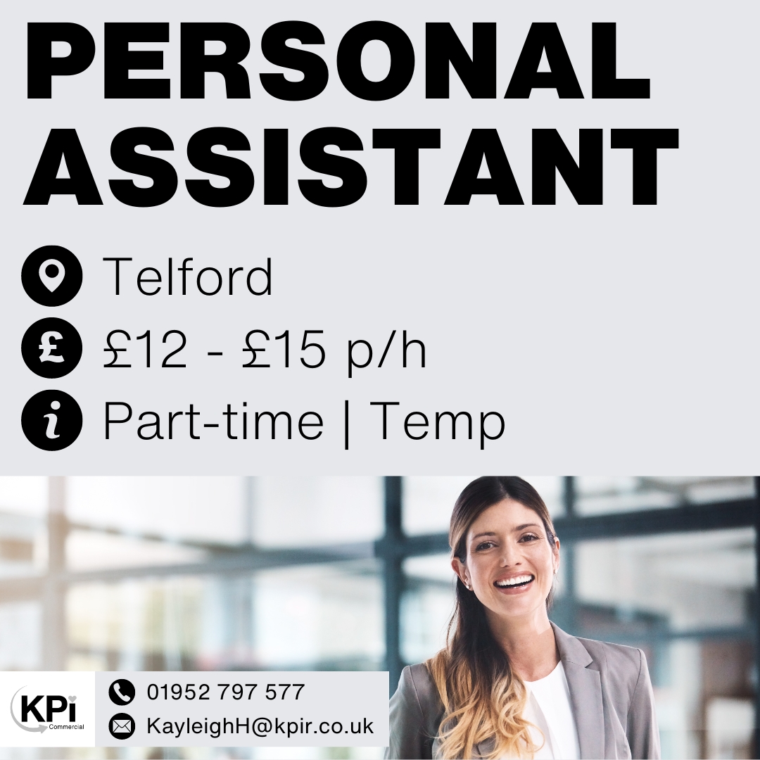 **PERSONAL ASSISTANT** Telford. Up to £15 p/h

Call 01952 797 577 OR email KayleighH@kpir.co.uk to apply.

Visit bit.ly/KPIProf to find MORE Jobs like this!

#PersonalAssistant #PA #TelfordJobs #ShropshireJobs #KPIRecruiting