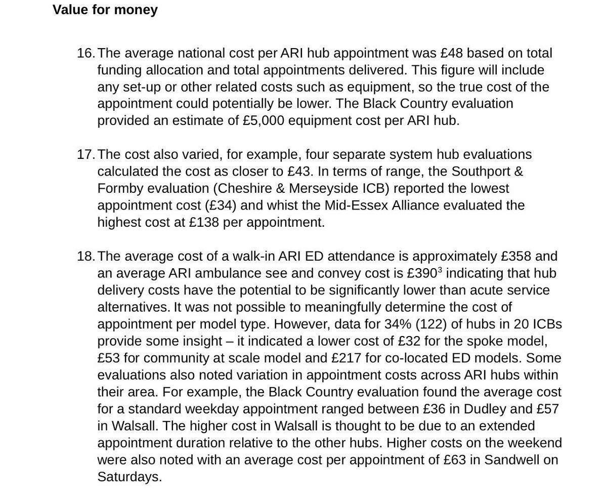 A national report on costs of ARI show costs averaging £48 per appt GP practices shown to cost significantly less £165/patient/year - average 7 appts 3.5 of which are GP It would be interesting to see ICB costings of hub appts No one is doing this calculation Fuller = More costly