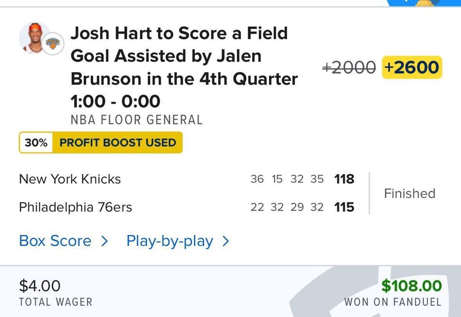 Nah man there are some bets that may require you to call the hotline 💀 Josh Hart to score assisted by Jalen Brunson in the final minute of the game is a wild bet 😂 (via KevinKretchh on IG)