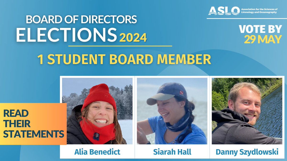 #ASLO Members, vote for a new student member, who will join the ASLO Board of Directors to advocate for student interests and has full voting rights on the board. 🗳️ Vote by 29 May 👉 aslo.org/vote-in-the-20…