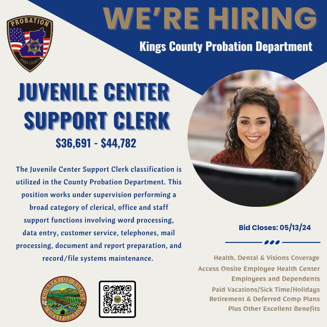 WE’RE HIRING: Juvenile Center Support Clerk

Details: bit.ly/3QukIZ3

#KingsCounty #KingsCountyCA #cacounties #RuralCA #WereHiring #GetAJob