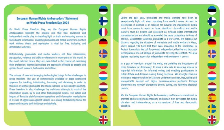 Free, pluralistic & independent media are indispensable for democratic societies. With media freedom globally under threat we stand firm in fighting disinformation & protecting journalists’ rights. Statement of European #HumanRights Ambassadors #WorldPressFreedomDay @germanydiplo