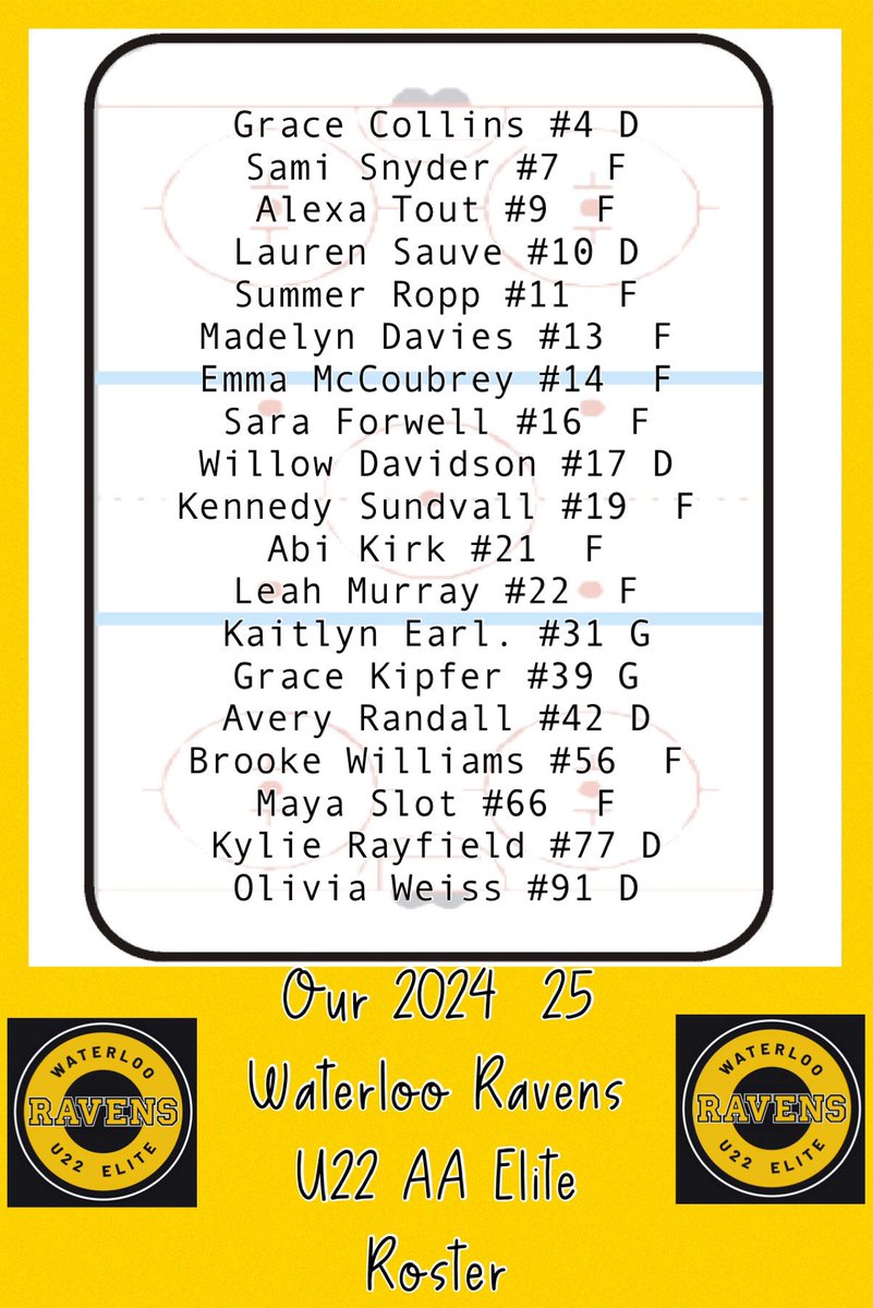 Waterloo Ravens U22 Elite (@wlooravensu22aa) on Twitter photo With a couple of changes, let us re-introduce our 2024/25 Waterloo Ravens U22 AA roster. #welcometothefamily ๐ค๐๐ค๐
<a href="/wloogmha/">Waterloo Girls Minor Hockey Association</a> #Ravens #owhl #U22 With a couple of changes, let us re-introduce our 2024/25 Waterloo Ravens U22 AA roster. #welcometothefamily ๐ค๐๐ค๐
<a href="/wloogmha/">Waterloo Girls Minor Hockey Association</a> #Ravens #owhl #U22