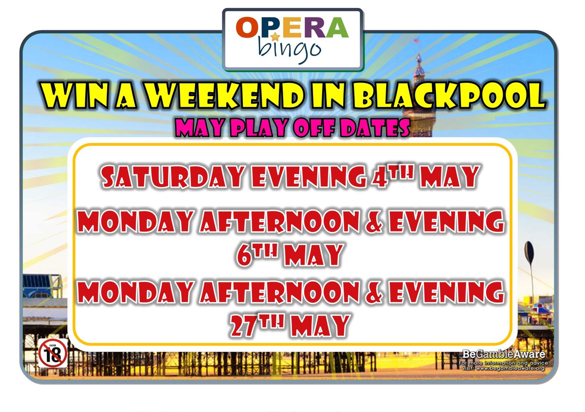 Opera_Bingo's tweet photo. 🌞𝗕𝗟𝗔𝗖𝗞𝗣𝗢𝗢𝗟 𝗛𝗢𝗟𝗜𝗗𝗔𝗬𝗦 𝗔𝗥𝗘 𝗕𝗔𝗖𝗞🌞
Blackpool Holidays are back at Opera Carlisle!!
Join the Opera Crowd as we take over Blackpool. Play in our 𝗙𝗥𝗘𝗘 𝗕𝗟𝗔𝗖𝗞𝗣𝗢𝗢𝗟 play-off game to win.
Please play responsibly - https://t.co/0LYfdhs68s - 18+ Only https://t.co/tIuR9W1e3w