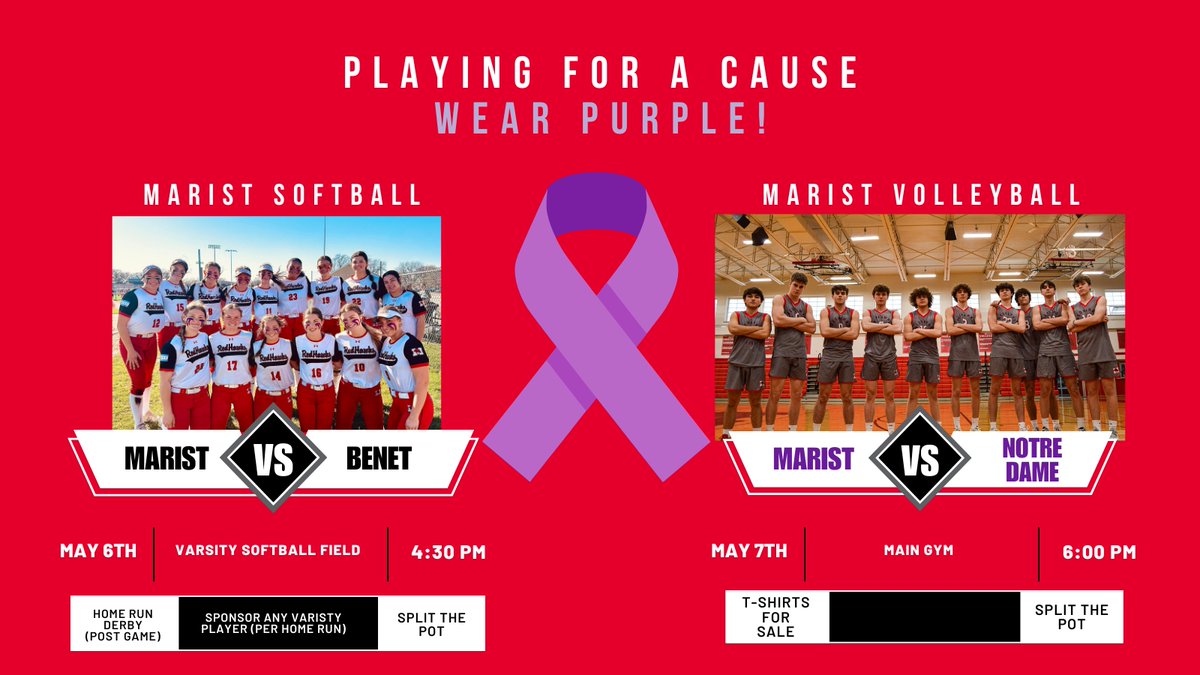 This Monday, May 6 and Tuesday, May 7, our softball and volleyball teams will be playing in support of the pancreatic cancer research foundation. T-shirt sales and split the pot proceeds go to the research foundation. Stick around for the Home Run Derby. Wear purple!!