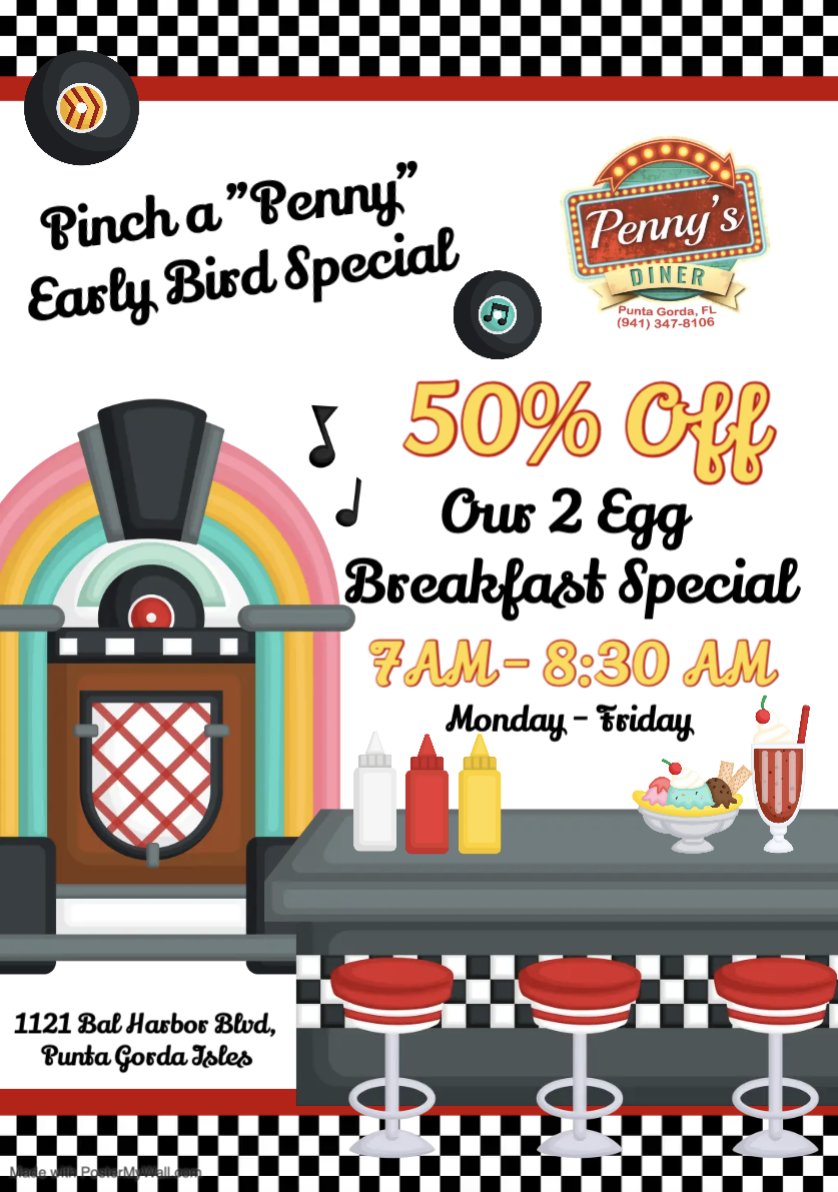 Starting Monday, the early bird gets our Pinch a 'Penny' Breakfast Special!  From 7:00 - 8:30 AM our 2 Egg Breakfast Special is 50% off ~ 2 eggs, 2 pieces of bacon or sausage, your choice oof side and toast. Come all, both young and old.
#pennysdiner #puntagorda #breakfastspecial