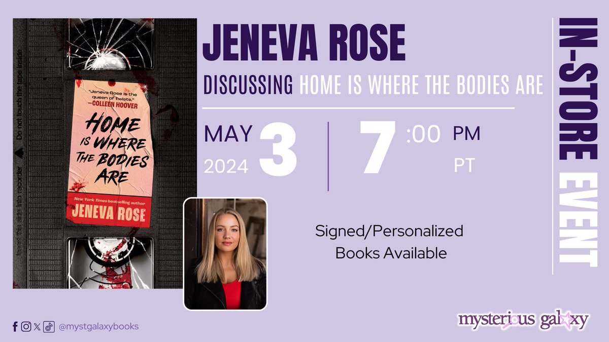 Tonight, at 7 pm PT, we're hosting an in-store event with @jenevarosebooks for HOME IS WHERE THE BODIES ARE! Signed/personalized books available! @BlackstoneAudio For more information & to register -> buff.ly/3UsQYyv