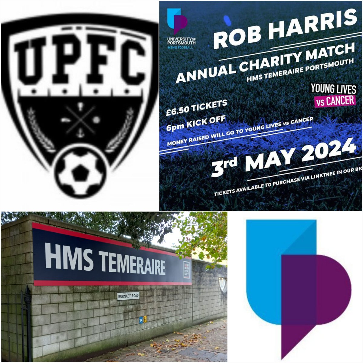 ⚽️ Charity Match ⚽️ #RobHarris All the best to @PortsmouthUniFC and the #UoPAlumni this evening at @HMSTEMERAIRE KO 6pm. @portsmouthuni @UOPsport playing for #Rob @YLvsCancer 💙