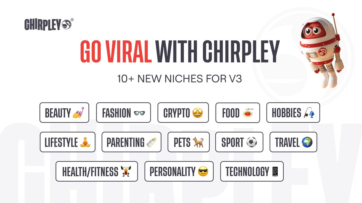 🚀New Market Niches: Soon on Chirpley V3 First, we tailored our matchmaking mechanism for crypto, and now we're fully focused on expanding to bring value to other markets. Adding new niches becomes a part of our inclusive strategy, which fits both Web3 and Web2 worlds and…