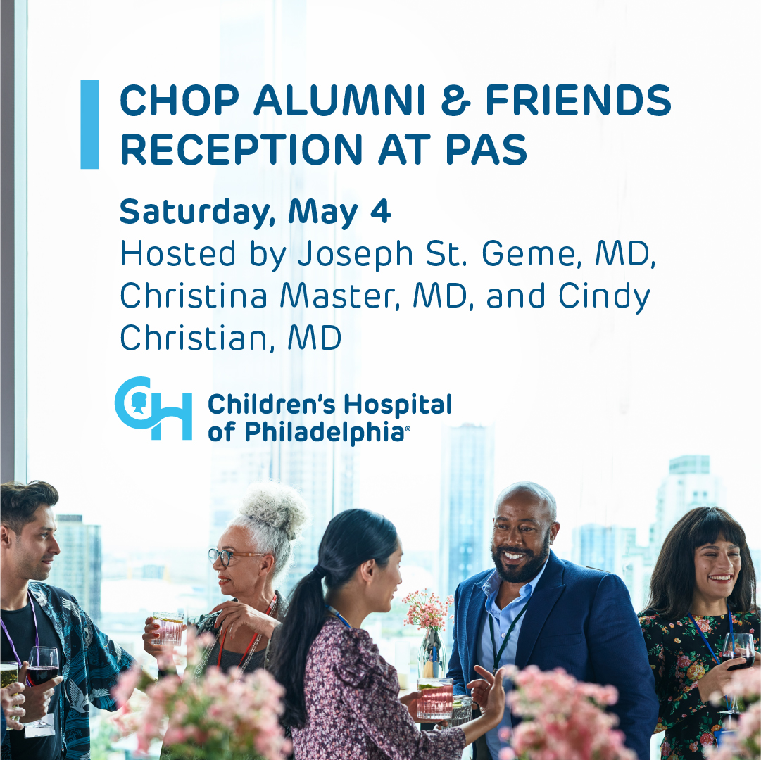 Don't forget! CHOP alumni and friends attending #PAS2024 this weekend are invited to join us at our Alumni & Friends Reception Saturday, May 4, with hosts Dr. Joe St. Geme, Dr. Christina Master and Dr. Cindy Christian. RSVP here: ms.spr.ly/6012YuPCp.