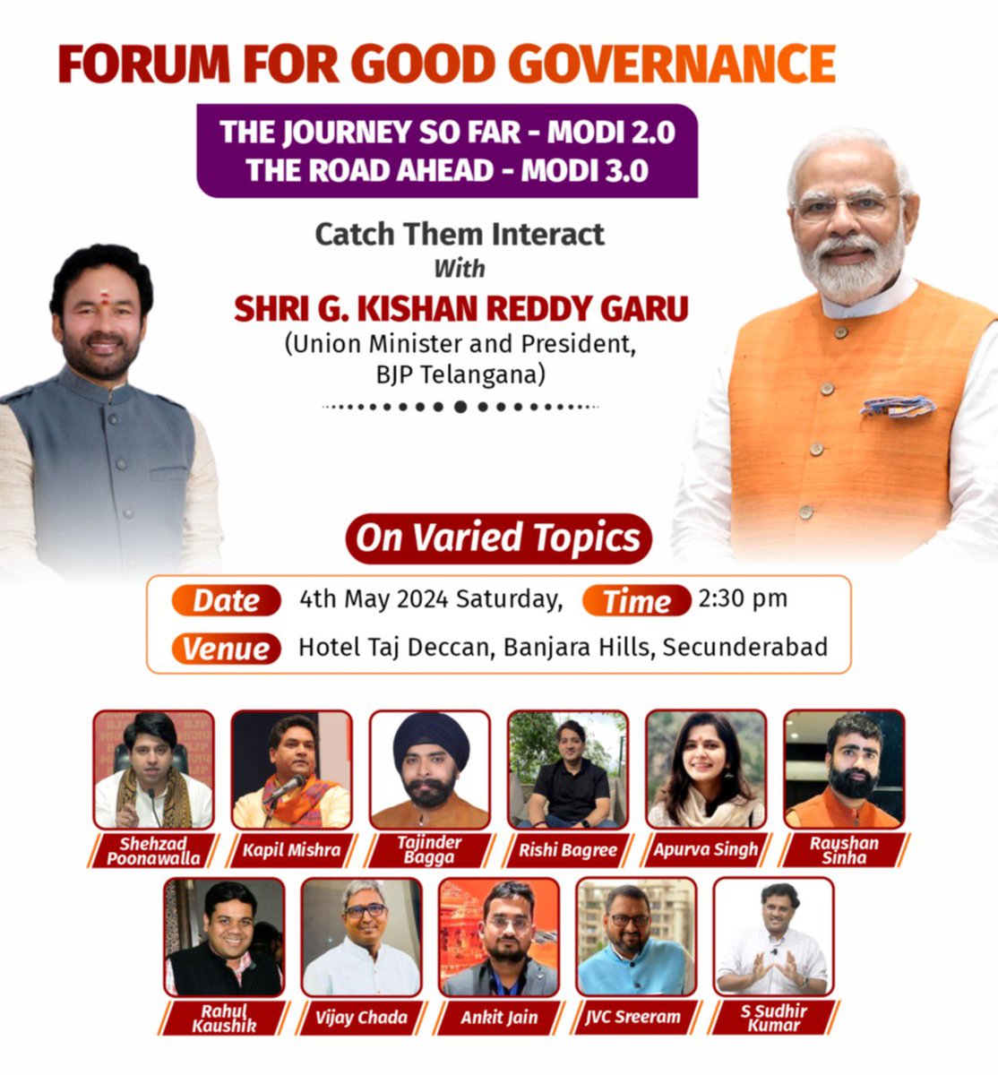 Will be in Bhagyanagar, Telangana tomorrow 4th May 2024 Will be attending & interacting with Union Minister Shri @KishanReddyBJP at the Forum For Good Governance. Do join