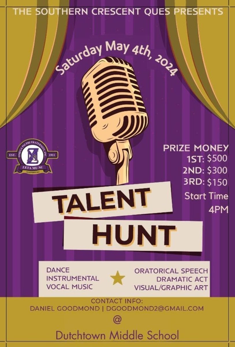 Join the Zeta Mu Nu Chapter [IG: @zmnques ] for their Talent Hunt Program at the Dutchtown Middle School in Hampton, GA, tomorrow,  May 4th starting at 4pm. #FIETTS #omegapsiphifraternityinc #zmnques #southerncrescentques #talenthunt #mandatedprograms