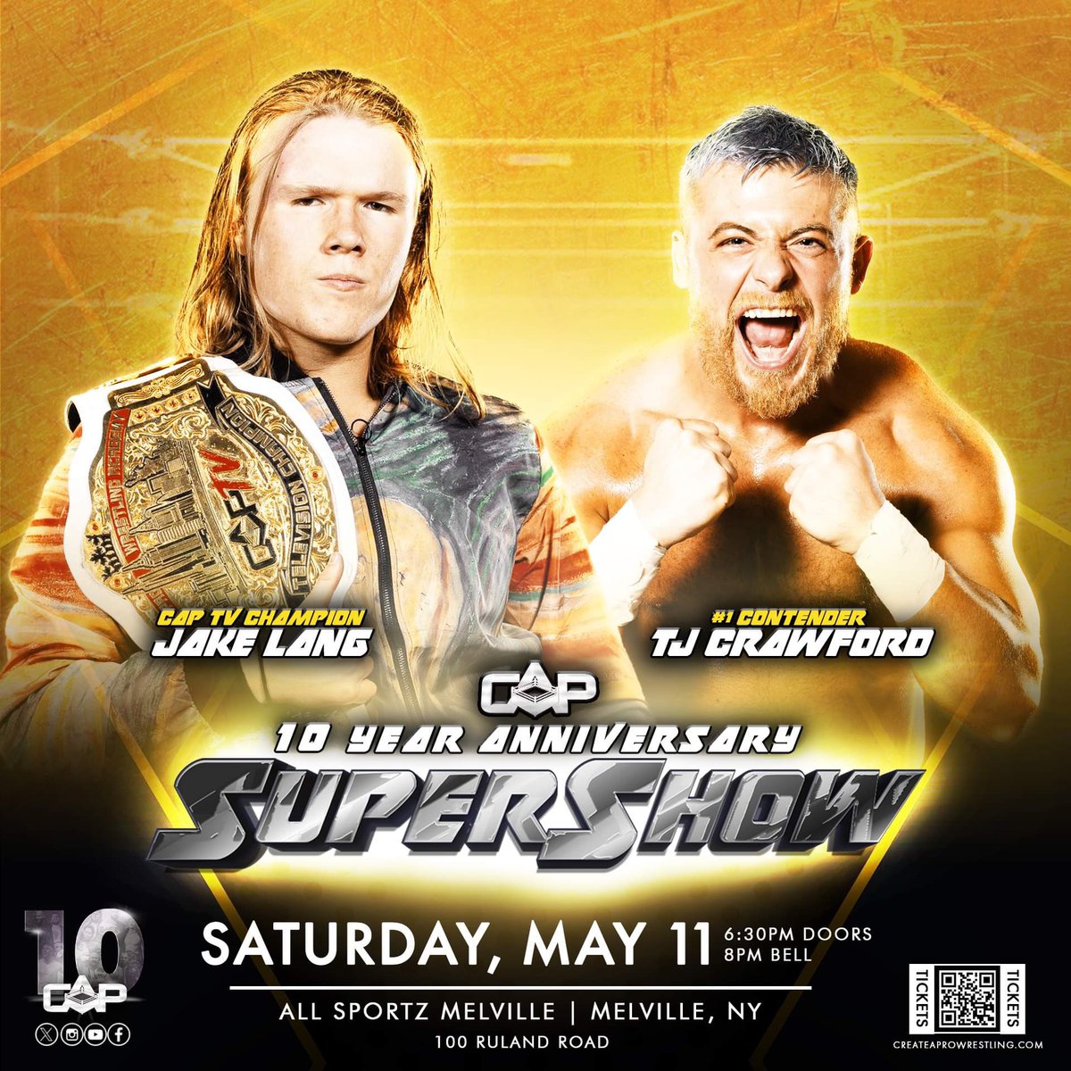 🚨MATCH ANNOUNCEMENT🚨 It’s official! “The Artist” Jake Lang defends his CAP TV Championship against TJ Crawford on 5/11 at the CAP 10 Year Anniversary Super Show! Will we see a new champion crowned? #CAP10 🎟GET YOUR TICKETS NOW🎟 eventbrite.com/e/create-a-pro…